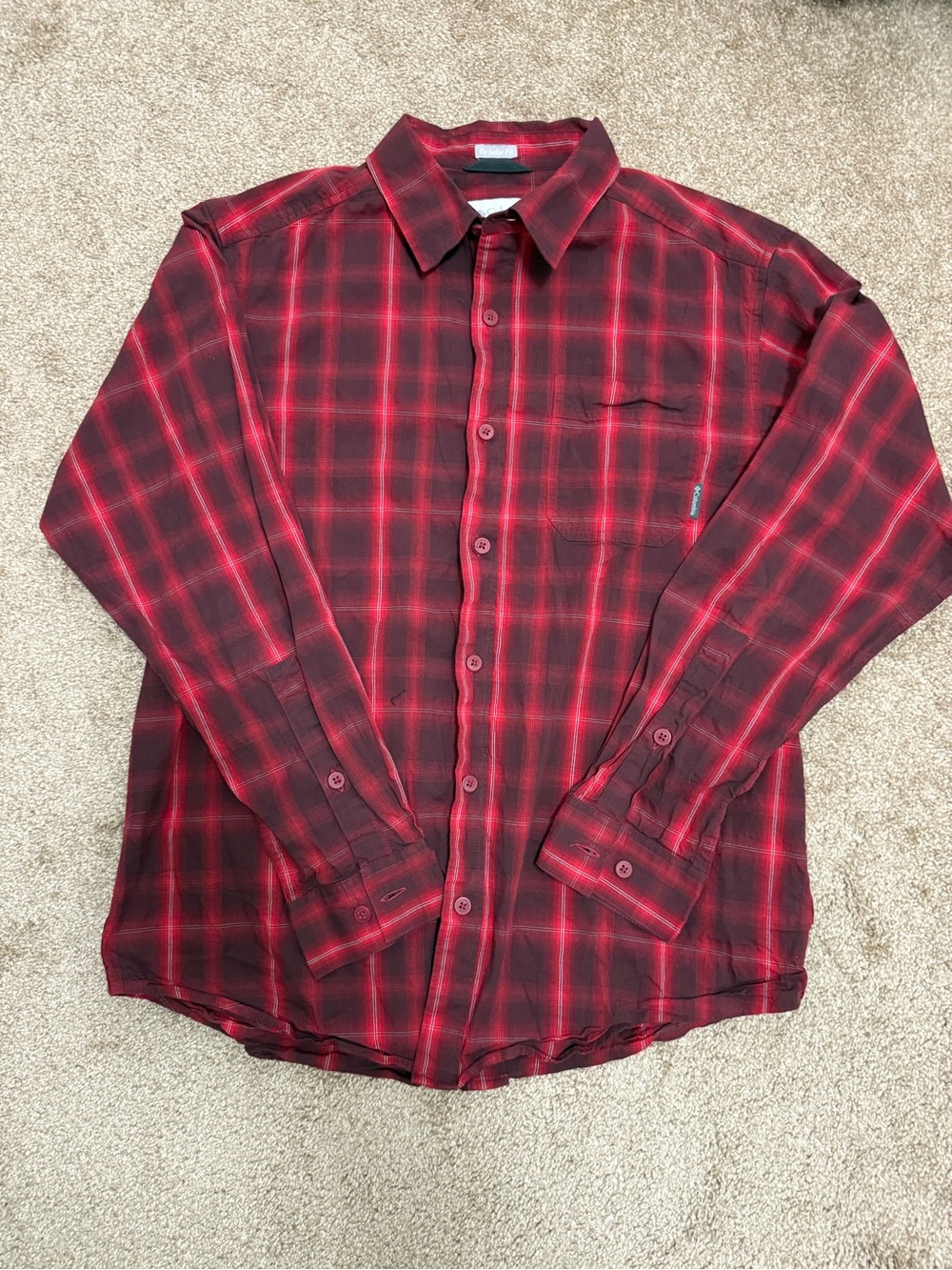 Columbia Red and Black Plaid Button-Down Shirt. F7